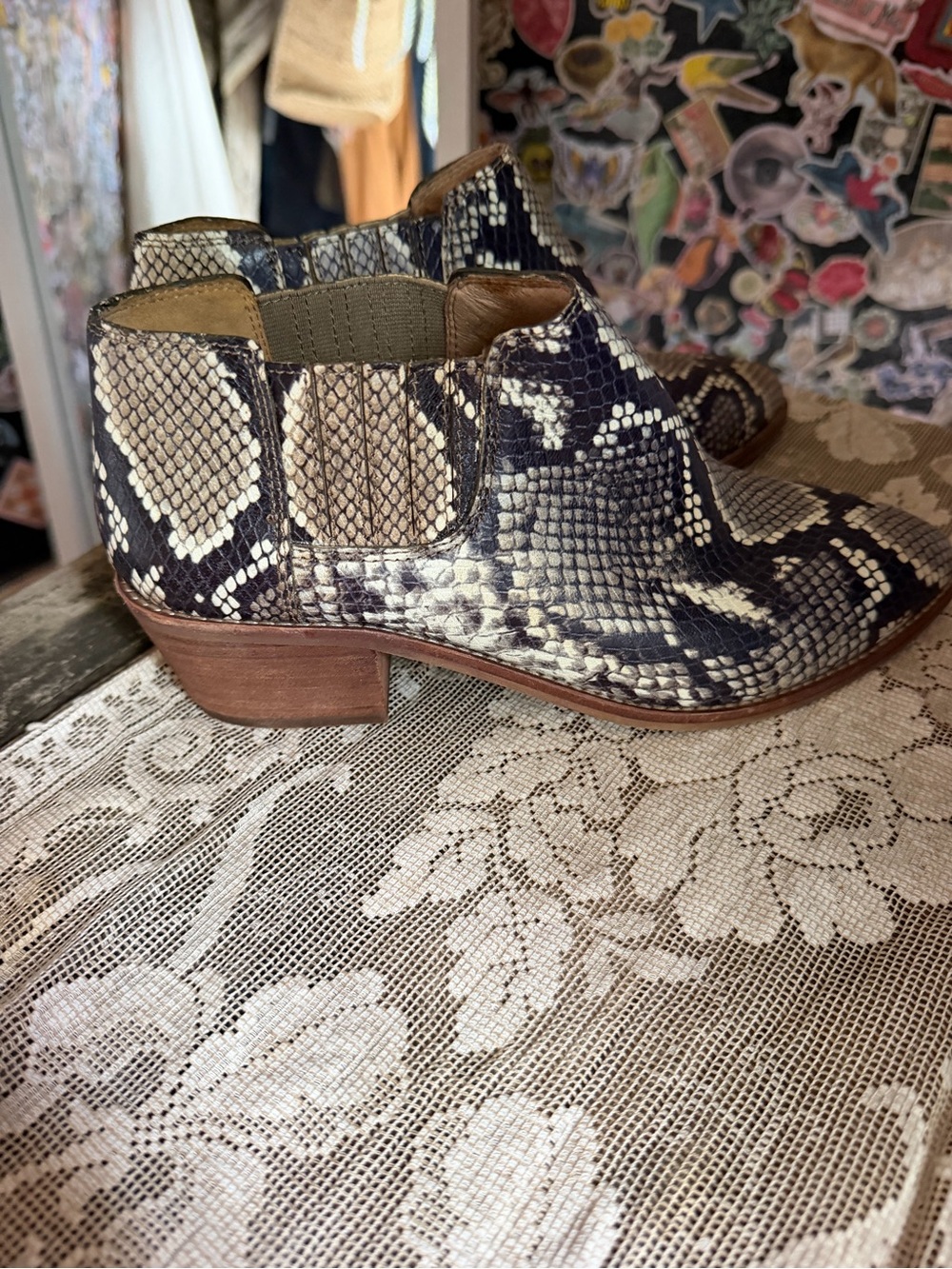 Madewell Snake-Print Chelsea Booties in Black & Cream